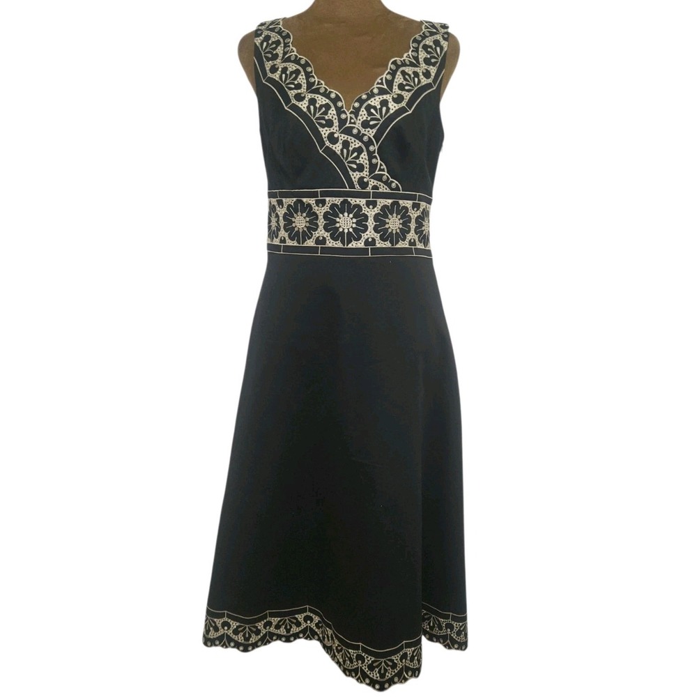 Ann Taylor Dress Womens Size 4 Aline Embroidered Black Cream Classic Boho